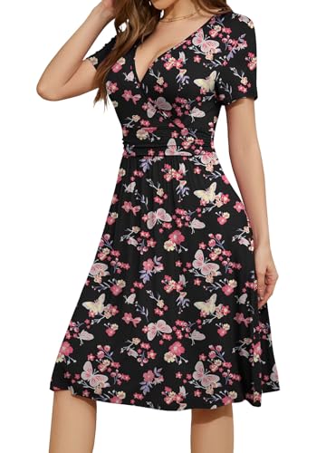 Image of WEACZZY Women's Summer Short Sleeve Casual Dresses V-Neck Floral Party Dress with Pockets