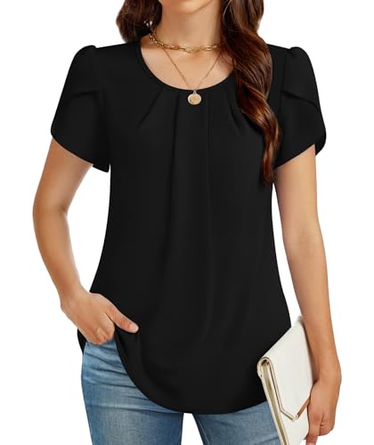Funlingo Womens Tops Dressy Casual Summer Tunic Chiffon Blouse Pleated Front Crew Neck Shirts Loose Fit Business Flowy Top