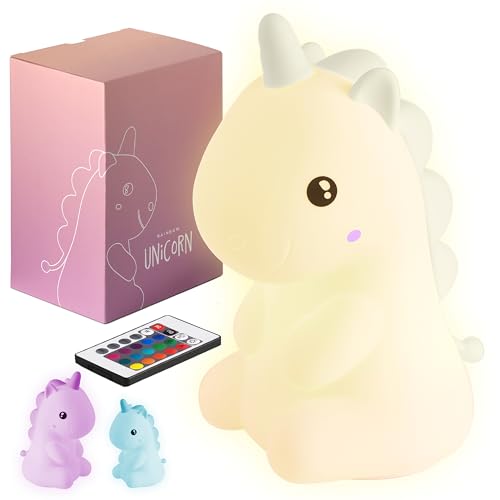 Madrigal Raibow Unicorn - Licorne - Veilleuse pour chambre d'enfant - USB-C rechargeable avec télécommande - Lumière multicolore et chaude - Silicone douce...