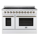 Forno Paolo 48' Electric Range w/Antique Brass Handle, 7 Radiant Elements & 11,000W Cooktop - 6.70 cu. ft. True Convection Ovens w/Dual-Element Broiler & Hidden Bake Element - White
