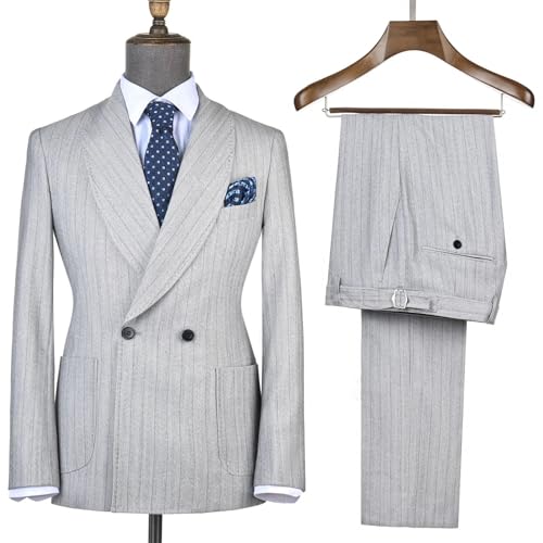 Men's Maroon Striped Suit Double Breasted Office Wedding Tailor Patch Pocket3