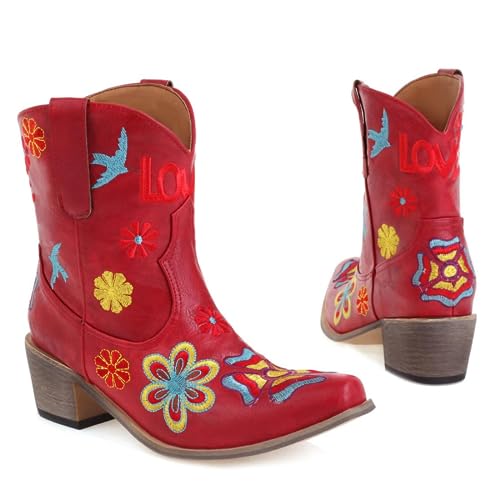 SACFOF Women Flower Embroidered Ankle Cowgirl Boots Square Toe Western Boots Chunky Chunky Mid Heel Short Boots2