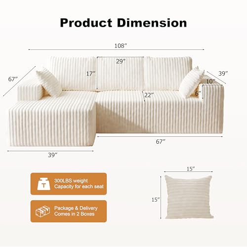 Image of Modular Sectional Sofa Couches L-Shape Couch 3 Seat Modular Sofa Memory Foam Sectional Couches for Living Room (White, 108 inch+Left Chaise)