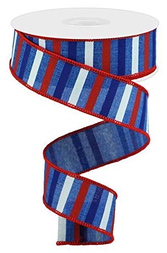 Horizontal Stripe Wired Edge Ribbon - 10 Yards (Royal Blue, Red, Blue, White, 1.5")