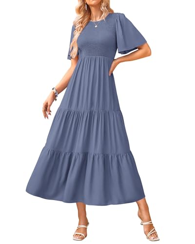 KIRUNDO Womens Fashion 2025 Spring Summer Casual Flutter Short Sleeve Midi Dress Smocked Tiered Aline Going Out Dresses(Grey Blue, X-Large)