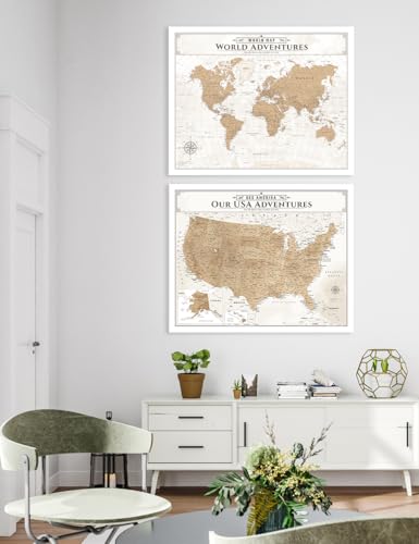Image of IPIC - Vintage World Map & USA Map Canvas Wall Art Set of 2, Large Travel Art Prints for Office, Home, Study and RV, Push Pin Board Decor for Travel Lovers, Ready to Hang