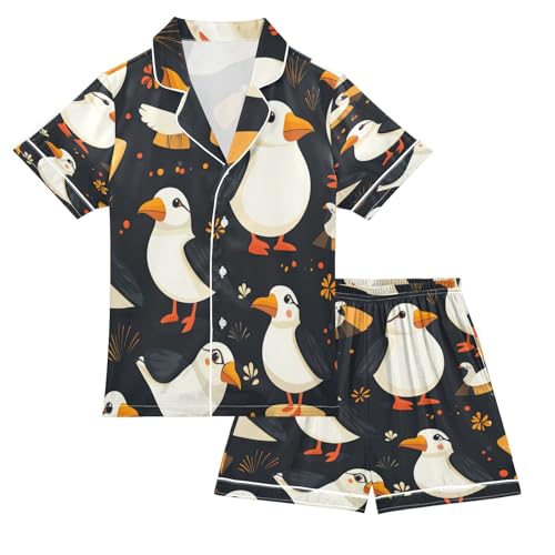 Satin Pajama Sets Short Sleeve Birds on Black Background Button Down Silky Nightwear 2 Piece PJS 5-14Y