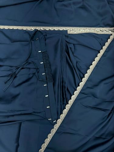 Image of SATAZ Women's Ready To Wear Teal Blue Satin Silk Saree Scalloped Border Readymade Stitched With Unstitched Blouse