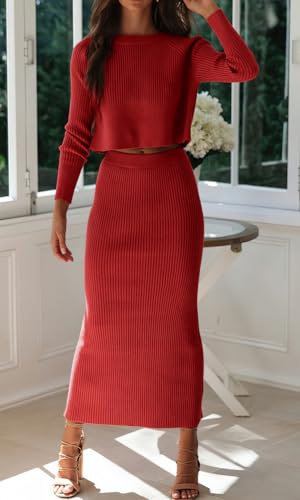Image of CHARTOU Women Two Piece Sweater Skirt Set Outfits Knit Sweater Top Pullover Knitted Slit Bodycon Pencil Skirt