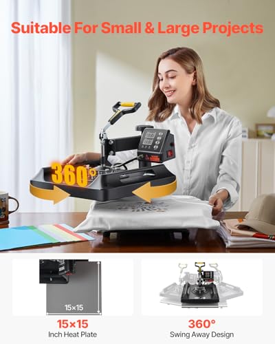 Image of VEVOR 8 in 1 Heat Press Machine 15x15 Inch, 360 Swing Away Tshirt Press, Digital Professional Sublimation Heat Transfer for T Shirts Hat Cap Mug Plate