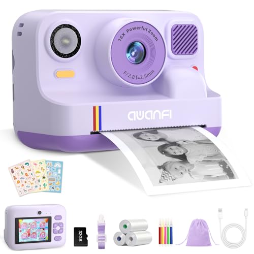 Appareil Photo Instantané Enfant Cadeau Jouet Fille Garçon 3-12 Ans, AWANFI Caméra Numérique Vidéo 1080P Carte 32GB avec 3 Rouleaux de Papier et...