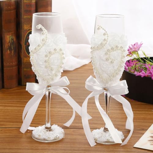 Copas de vino de boda de vidrio resistente y detalles de perlas 4