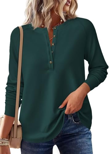Image of PRETTYGARDEN Women's Long Sleeve Waffle Knit Henley Shirts Loose Tunic Tops