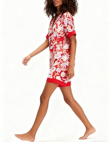 Image of Women Silk Pajamas Floral Satin 2 Piece Pajama Sets | Button Down Short Sleeve Shirt and Elastic High Waist Shorts, Vintage 2Pcs Pj Sets, Two Piece Lounge Set, Elegant Sleepwear