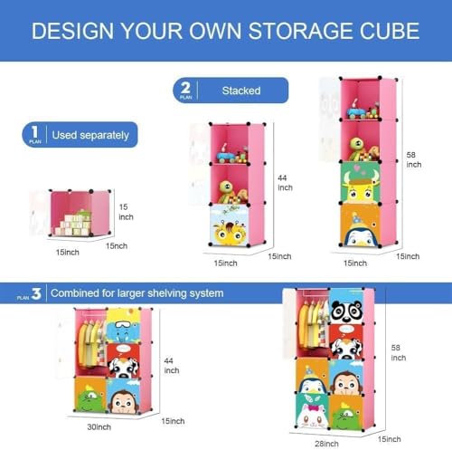 Image of LUHI Plastic Wardrobe for Kids Clothes - Easy to Use Anti-Skid & Non-Slip Effective Professional, Plastic Cupboard for Kids, Foldable Almirah, Collapsible Wardrobe (Pink HY8, 8-Shelf-8-Door)