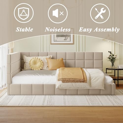 MWrouqfur Full Corner Daybed,L Shaped Day Bed with Upholstered Armrest,Modern Velvet Sofa Bed Frame,No Box Spring Needed(Beige)
