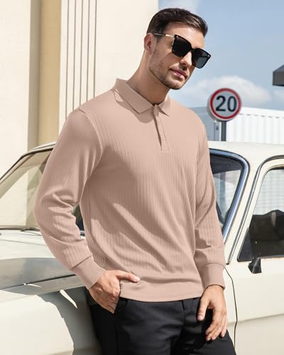 KUYIGO Polo para Hombre de Manga Larga, Ajuste Suelto, Tejido Texturizado, Cuello con 3 Botones, Casual para Uso Diario, Trabajo, Golf y Negocios miniatura 4