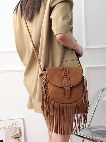 Suede Crossbody Shoulder Bag for Women Soft Small Tote Purse Trendy Faux Leather Satchel Travel Handbag with Tassels2