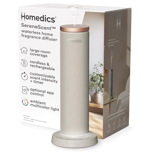 Homedics SereneScent Fabric Rechargeable Waterless Diffuser, Use with Homedics SereneScent Oil 120ml (Sold Separately) Cordless Aromatherapy, Adjustable Mist & Timer, 6 Calming Lights, Grey