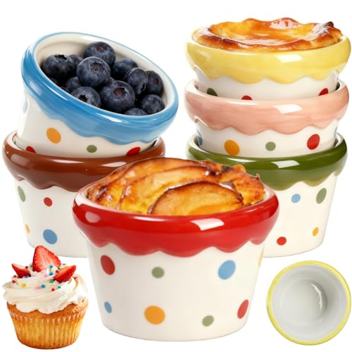 Tlence 6 Pack Ramekins Set 9 OZ Pudding Custard Cups Small Ceramic Brulee Souffle Dishes Colorful Christmas Dipping Sauce Bowls for Ice Cream Fruits Baking Oven Microwave Dishwasher Safe