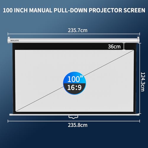 WASJOYE Manueller Leinwand Beamer Rollo mit Universal 100-Zoll Roll-Down einziehbarer manueller Projektionsschirm mit automatischer Verriegelung, Einstellbarer Bildschirmhöhe, Maskierungsrand