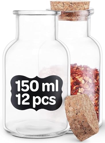 12 Barattoli Portaspezie in Vetro con Coperchio in Sughero - 150ml - Vasetti per Spezie con Etichette - Ermetici