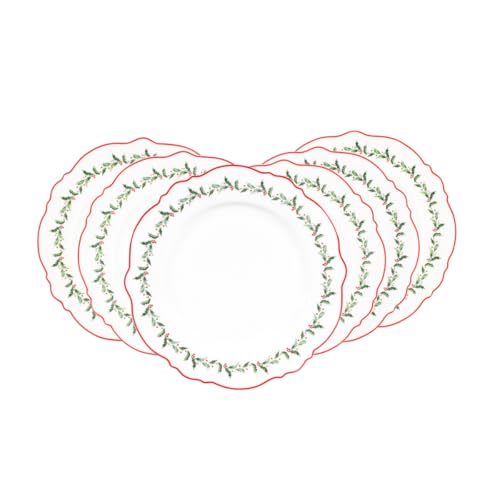 Artime - Lot De 6 Grandes Assiettes En Porcelaine, Ø27,5 Cm, Motifs De Noël Avec Rebords Rouges Et Houx, Collection Souvenirs D'Antan, Élégantes Pour Repas Festifs De Fin D'Année
