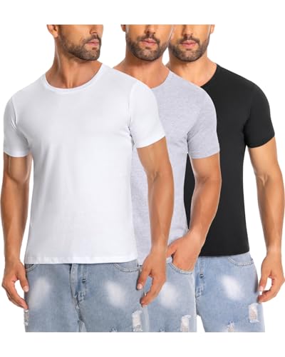 Cyathea T-Shirts für Herren 3er Pack Rundhalsausschnitt Basic Baumwolle Lässige leichte Sommer Kurzarm Casual Top Schwarz/Weiß/Grau L