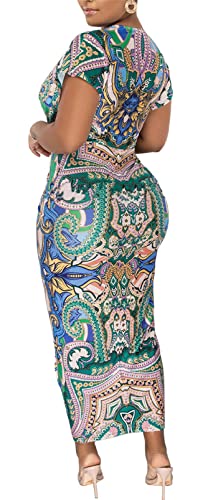 Image of Womens Sexy Cap Sleeeve Deep V Neck Ruffles Printed Bodycon Split Party Clubwear Dress