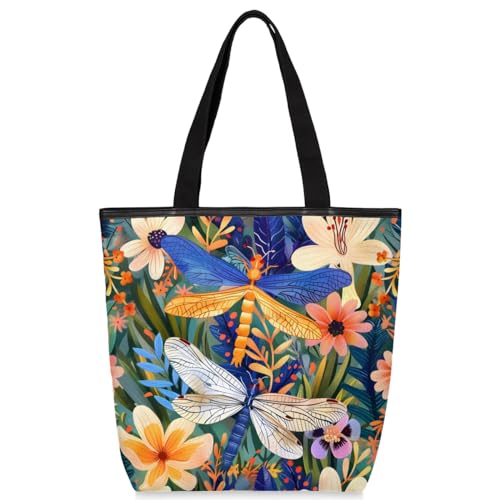 Canvas Tote Bag for Women Large Tote Bag with Zipper & Pockets Canvas Beach Bag Florals Dragonfly Shoulder Bag Reusable Shopping Bags Cute Tote Bags for Work Travel