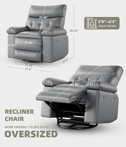 Image of Oversized 360 Swivel Rocking Recliner Chair with Massage & Heat, Ergonomic Lazy Chair with Remote Control for Living Room, Bedroom & Nursery, Gray