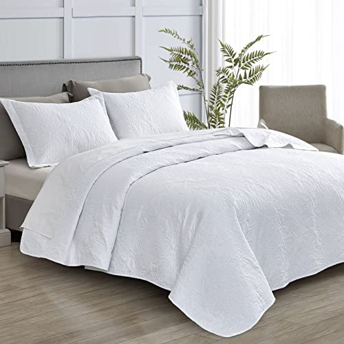 Maple&Stone Damask Quilt Set King Size, Lightweight White Bedspread Ultrasonic Chevron Pattern Light Coverlet For All Season Comforter Bedding Decor - 3 Piece King Bed Cover Sets #TOP1