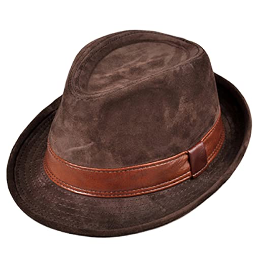 Men Fedoras Hats Genuine Leather Male Jazz Hip Pop Caps Suede Cow Skin Nubuck Brown Gentlemen Fitted Hat #TOP6