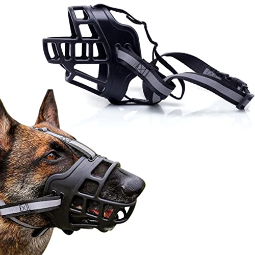 Dog Muzzle, Soft Rubber Safe Basket Breathable Muzzles Adjustable Straps for Small, Medium, Large Dogs Allows Drinking and Panting Anti-Biting,Barking and Chewing Mouth Cover (M-4, Reflective Black)