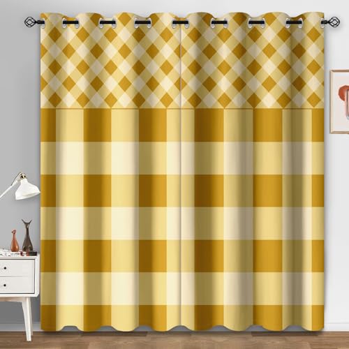 Cortinas Salon Dormitorio Grille Amarilla Naranja Cortinas Termicas Aislantes Frio y Calor Poliéster Lavable Habitación Infantil Decoración Cortina Opaca con Agujeros 2 Piezas 2x140x250 cm