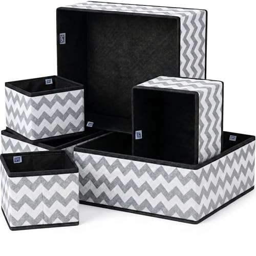 Image of Skrill 6-Piece Foldable Cloth Storage Box Set | Cube Baskets, Bins & Dividers for Closet & Dresser Drawer Organization | Storage for Shirts, Pants, Underwear, Bras, Socks & More (Zigzag Waves Grey)