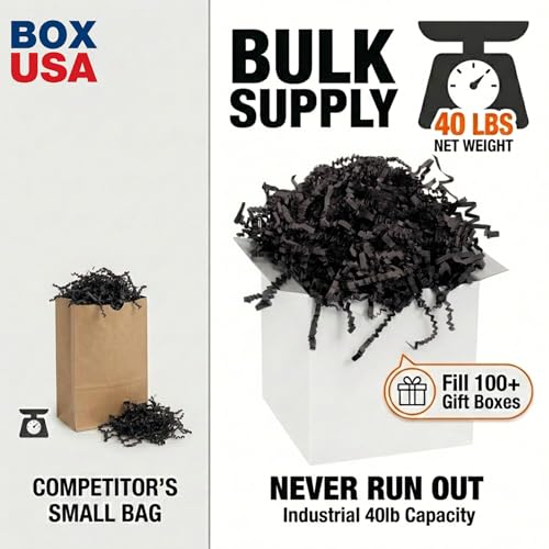 Image of BOX USA Black Crinkle Paper Filler (40lb) - Shredded Paper for Basket Stuffing, Shipping, Packaging, Confetti, Crafts & Holidays - Crinkle Cut