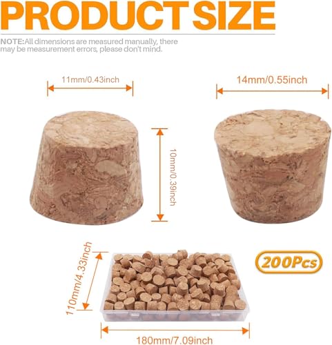 GZjiyu 200 Stücke Korken zum Basteln, Korkstopfen Konisch, 11mm Spitzkorken mit Aufbewahrungsbox für Reagenzgläser, Flaschen, Dekorationen, Medizinkorken, Wunschflaschen