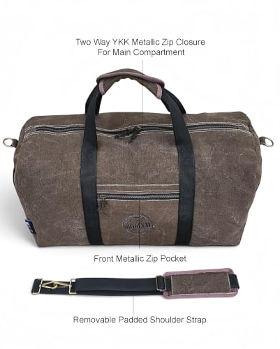 Image of The House of Tara Distressed Finish Heavy Cotton Canvas Oversize Duffle Bag | 53 litres | Travel Bags | for Men & Women | Detachable Broad Strap | Airline Carry-On Luggage (Acorn Brown) (Acorn Brown)