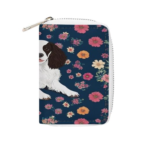 SEBNATAL Fashion Credit Card Holder Wallet for Daily Use, Compact Retro Floral English Springer Spaniel Leather Case Purse with Metal Zipper