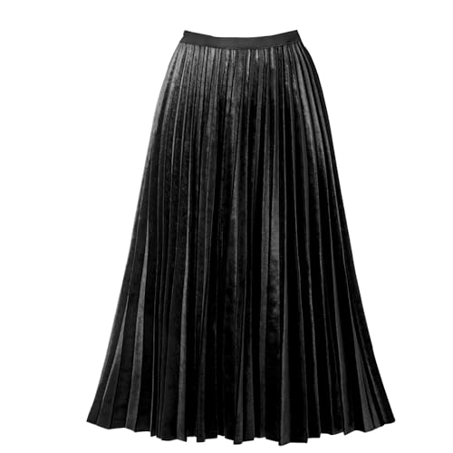 GOOBGS Women's Pleated A-Line High Waist Swing Flare Midi Skirt Velvet Black XX-Large