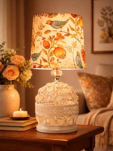 Image of Modern Small Crystal Table Lamp,Contemporary Bedroom Bedside Nightstand Lamp,Morden Minimalist, Desk Globe Lamp for Living Room Girls Kids Room, White Fabric Shade (Multicolor)