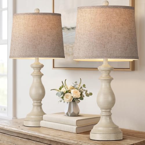 Image of PARTPHONER Traditional Table Lamp Set of 2, Rustic Farmhouse Table Lamps for Living Room Bedroom, 27 inch Bedside Desk Lamps Vintage Nightstand Lamps with Linen Shades, Antique White