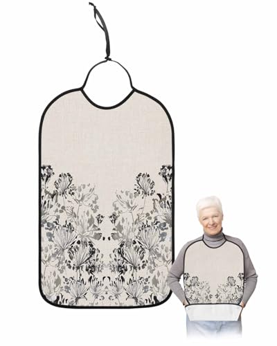 LEOKOTI Black Grey Botanical Adult Bibs for Eating, Waterproof Bibs with Food Catcher & Adjustable Snap Closure, Pastoral Spring Floral Rustic Washable Clothing Protectors Adult Bibs for Elderly