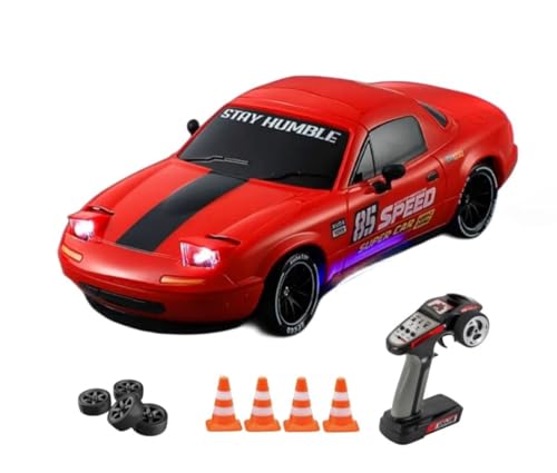Image of RC Drift Car 1:14 Scale 4WD High-Speed Remote Control Car with LED Lights 2.4GHz Rechargeable Drift Racing Car with Extra Tires & Cones Toy for kids [Colors as Per Stock] (Mazada Rc Drift -Red)