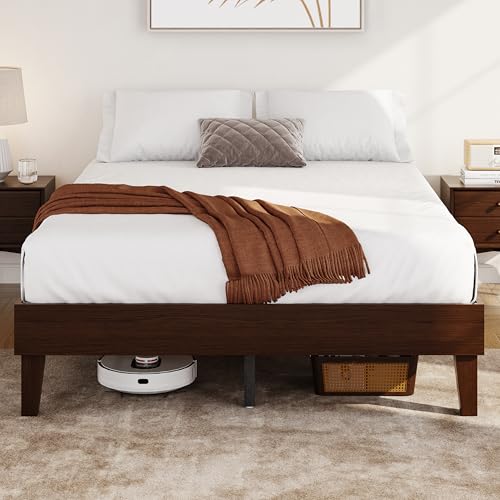 Yaheetech Queen Bed Frame Natural Solid Wood Platform Bed with Wooden Slats Support, Dark Walnut Finish
