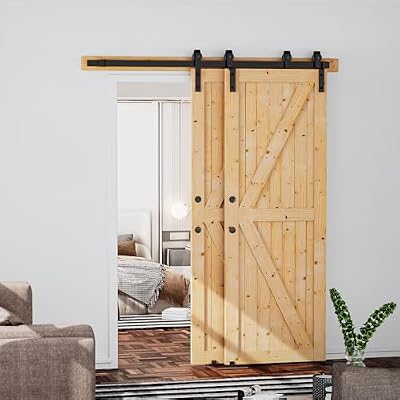 SKYSEN 30in x 84in Double Sliding Barn Doors with 6FT Single Track Bypass Barn Door Hardware Kit, Unfinished Spruce Wood, Save Spacing, Easy to Install, Maximum Fit 49in Openning.(30-84-6FT-DGJ)