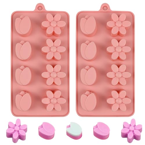 BFJ Moldes de chocolate con diseño de flores, 2 unidades, tulipán, silicona, para cubitos de hielo, resina, jabón, decoración de cupcakes