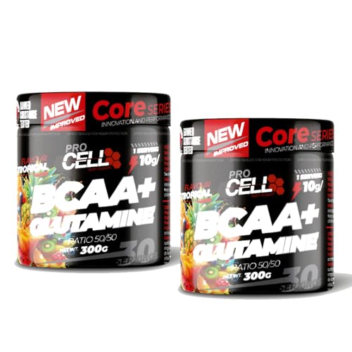 BCAA+Glutamina Core (300g) - Sabor Tropical, Sin Azúcar - Complejo de Aminoácidos BCAA y Glutamina Ratio 50/50 - Post y Preentreno Recuperador Muscular a Base de Aminoacidos Esenciales(Pack 2u 300g)
