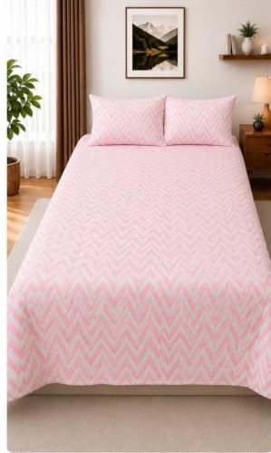 Image of 210 TC Glace Cotton Soft Cotton Zig Zag Design Fitted King Size 72x78x10 inches Bedsheet Set - Lightweight & Durable 1 Bed Sheet with 2 Pillowcase 17x27 inches Pink